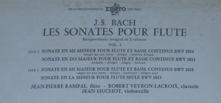 Bach Flute Sonatas Rampal Veyron Lacroix Huchot Erato Lp