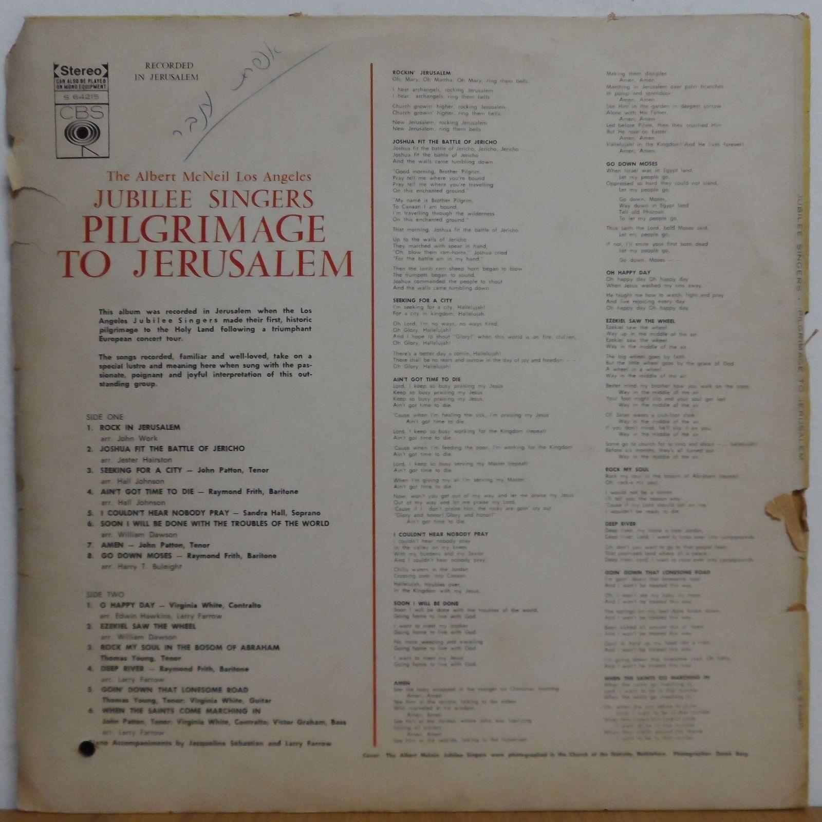 Jubilee Singers Pilgrimage To Jerusalem Lp The Albert Mcneil Los