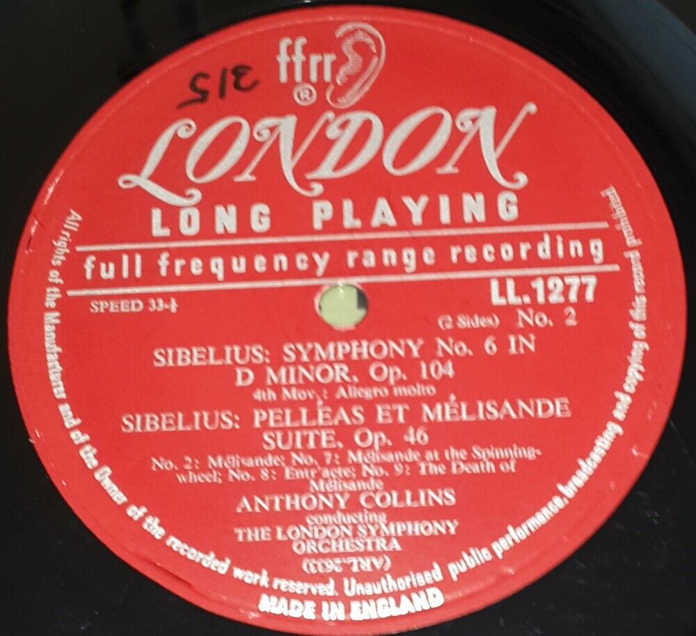 Sibelius Symphony No 6 Etc Anthony Collins London Ll 1277 Lp 1956 Recordrome 7139