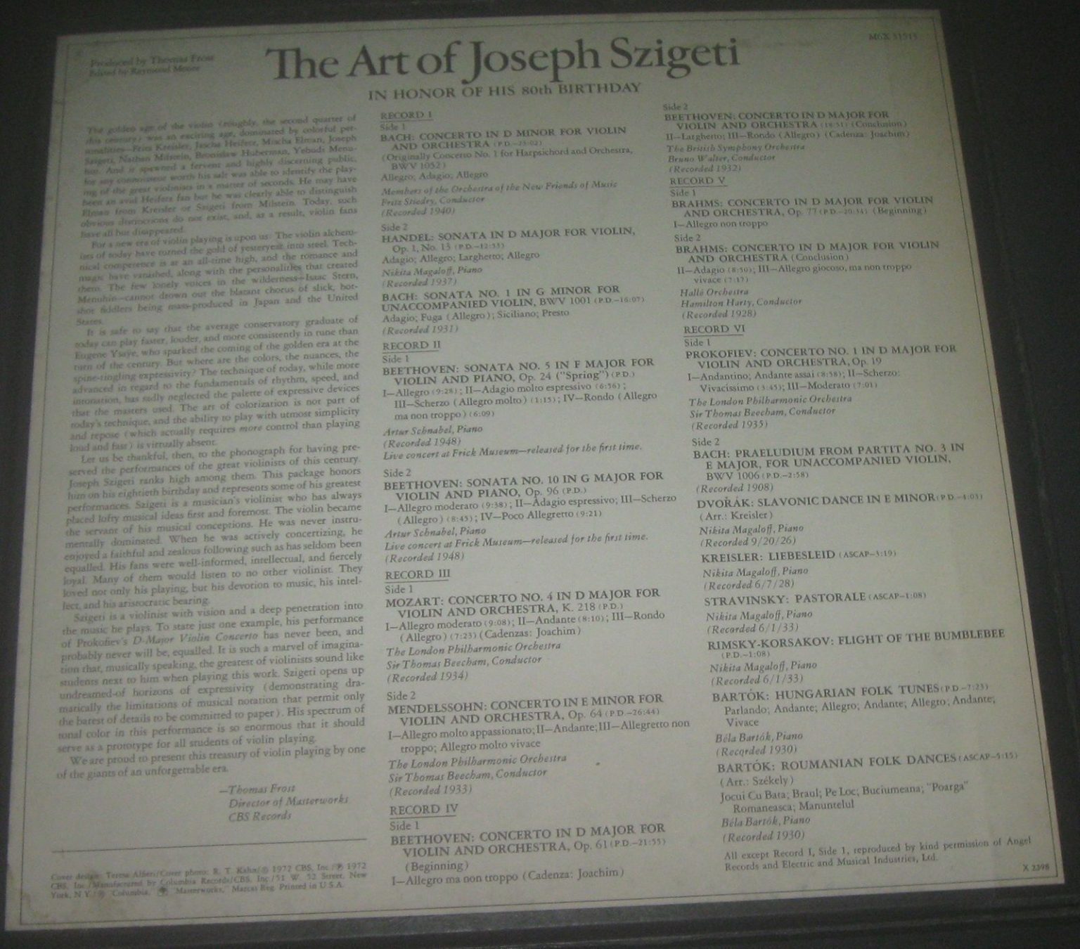 The Art of Joseph Szigeti 80th Birthday 6 LP Box Set Columbia M6X 31513 ...