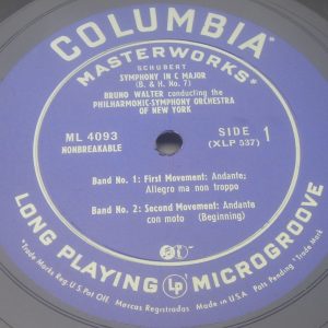 Schubert Symphony No. 7 Bruno Walter Columbia ML 4093 Blue label USA LP