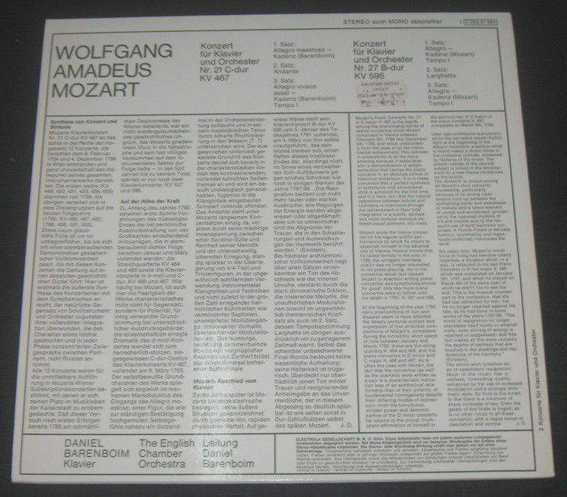 Mozart Piano Concertos No 21 And 27 Barenboim Hmv Emi Electrola Lp Recordrome