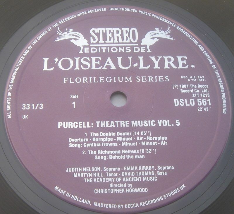 PURCELl THEATRE MUSIC Vol. V HOGWOOD L'OISEAU LYRE DSLO 561 LP EX ...